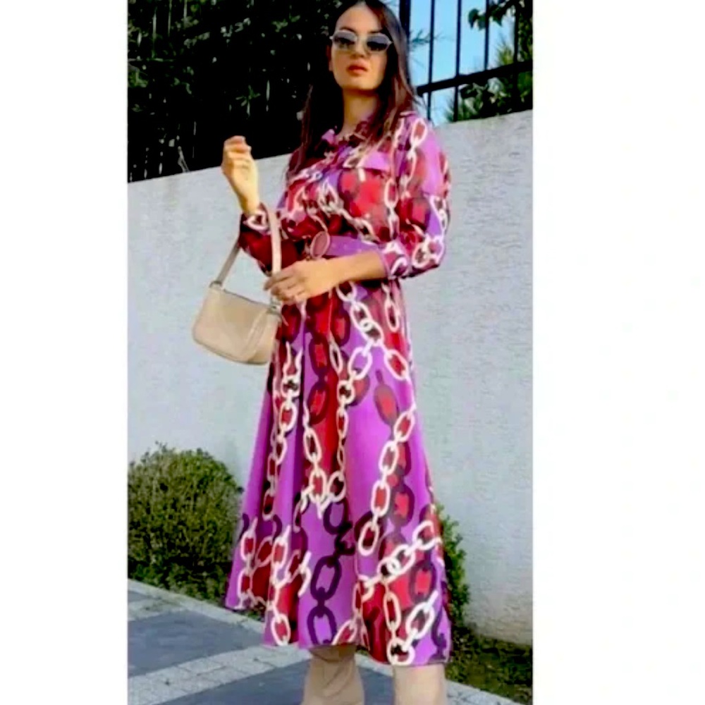 NWT BLOGGERS FAVE CHAIN PRINTED SATIN EFFECT  SHIRT DRESS - Picture 2 of 6